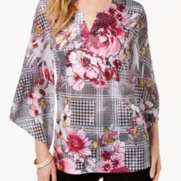 JM Collection Printed Chiffon Top - Picture 2 of 2